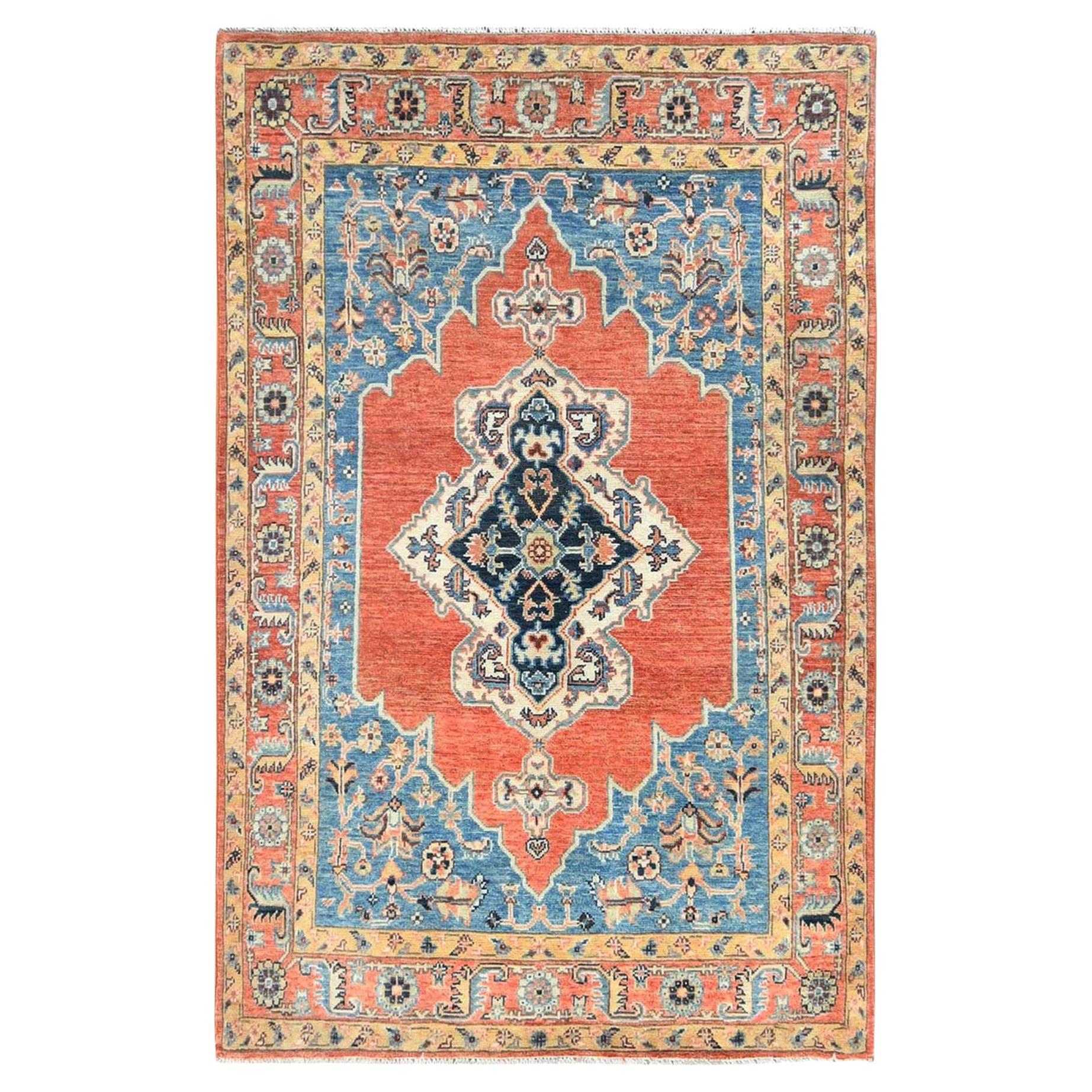 Tappeto arancione in pura lana annodato a mano, afghano di Peshawar, design Bakshaish