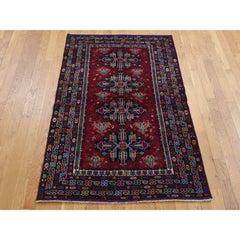 3'10"x6'5" Carmine Red, Afghan Baluch Design, Pure Wool, Hand Knotted, Rug