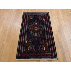 3'10"x6'9" Yankees Blue, Afghan Baluch Pure Wool Hand Knotted Rug