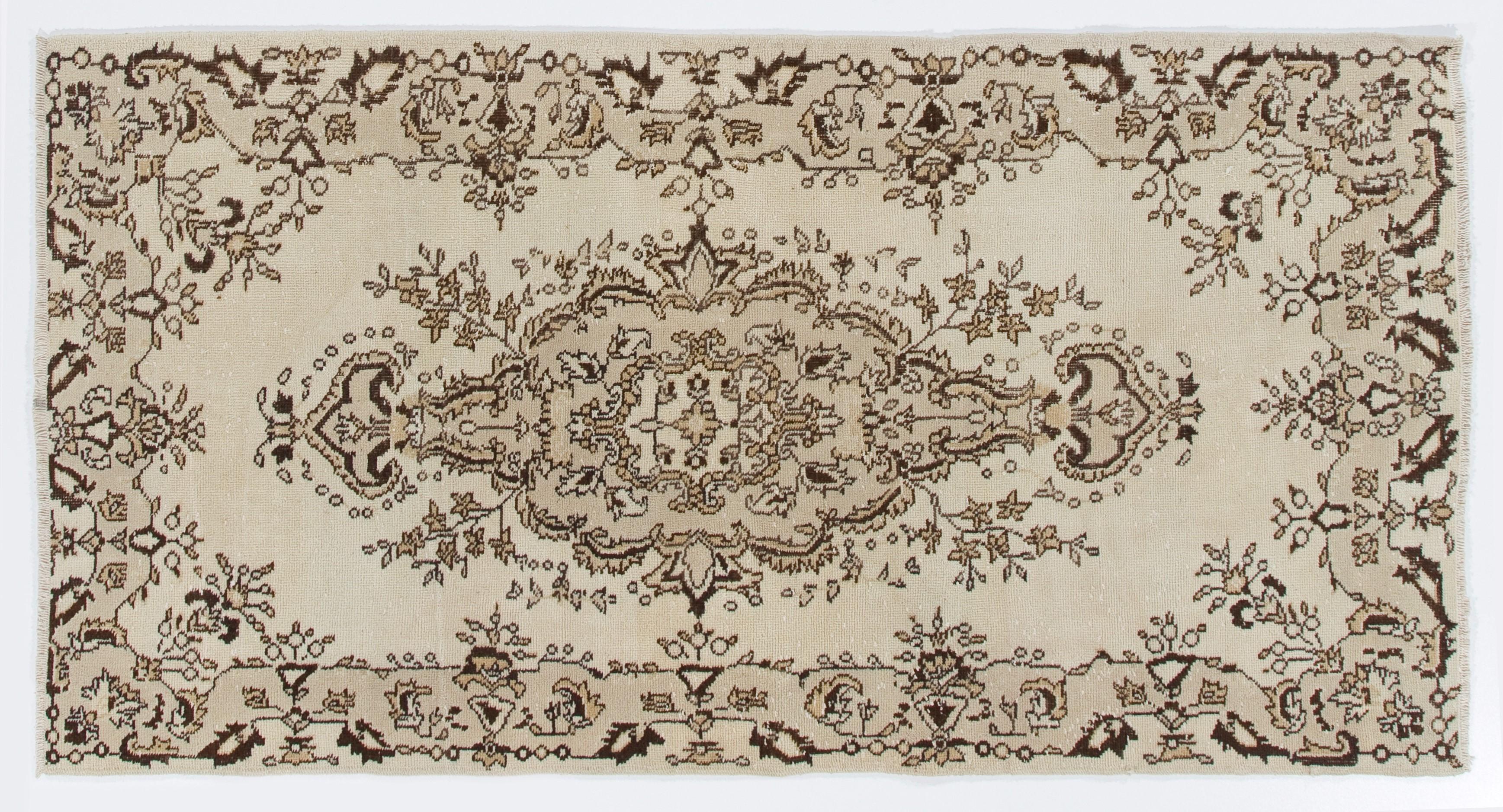 Oushak 4x7.4 Ft Vintage Hand-knotted Turkish Wool Area Rug, Floral Medallion Design For Sale