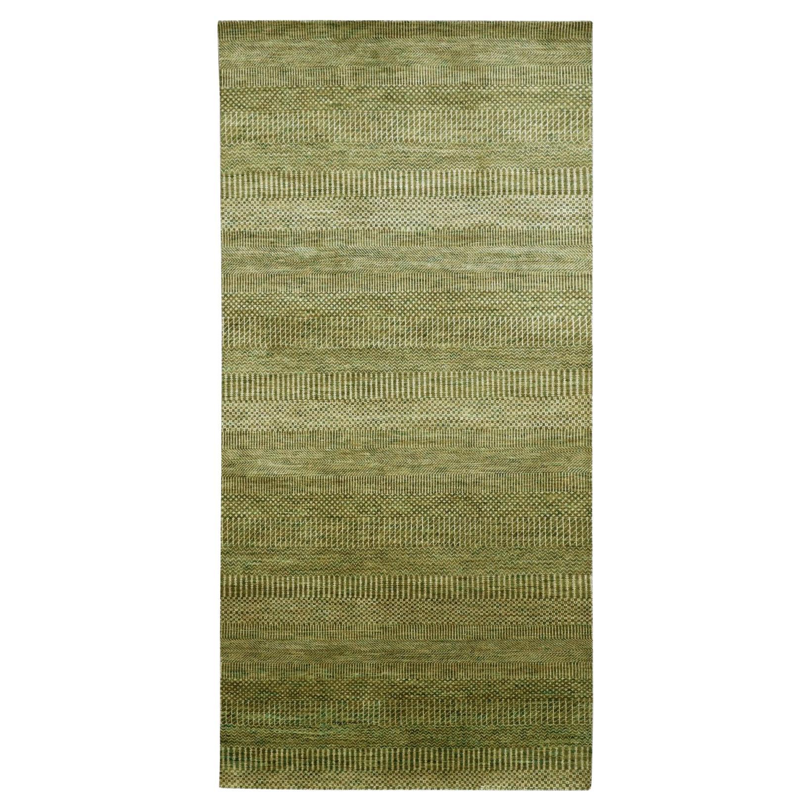3'10 "x8' Honey Brown Tappeto Runner in Lana e Seta Annodato a Mano con Design Moderno Erboso in vendita