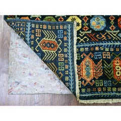 3'10"x9'7" Blue Hand Knotted Afghan Ersari with Hutchlu Design Wool Runner Rug