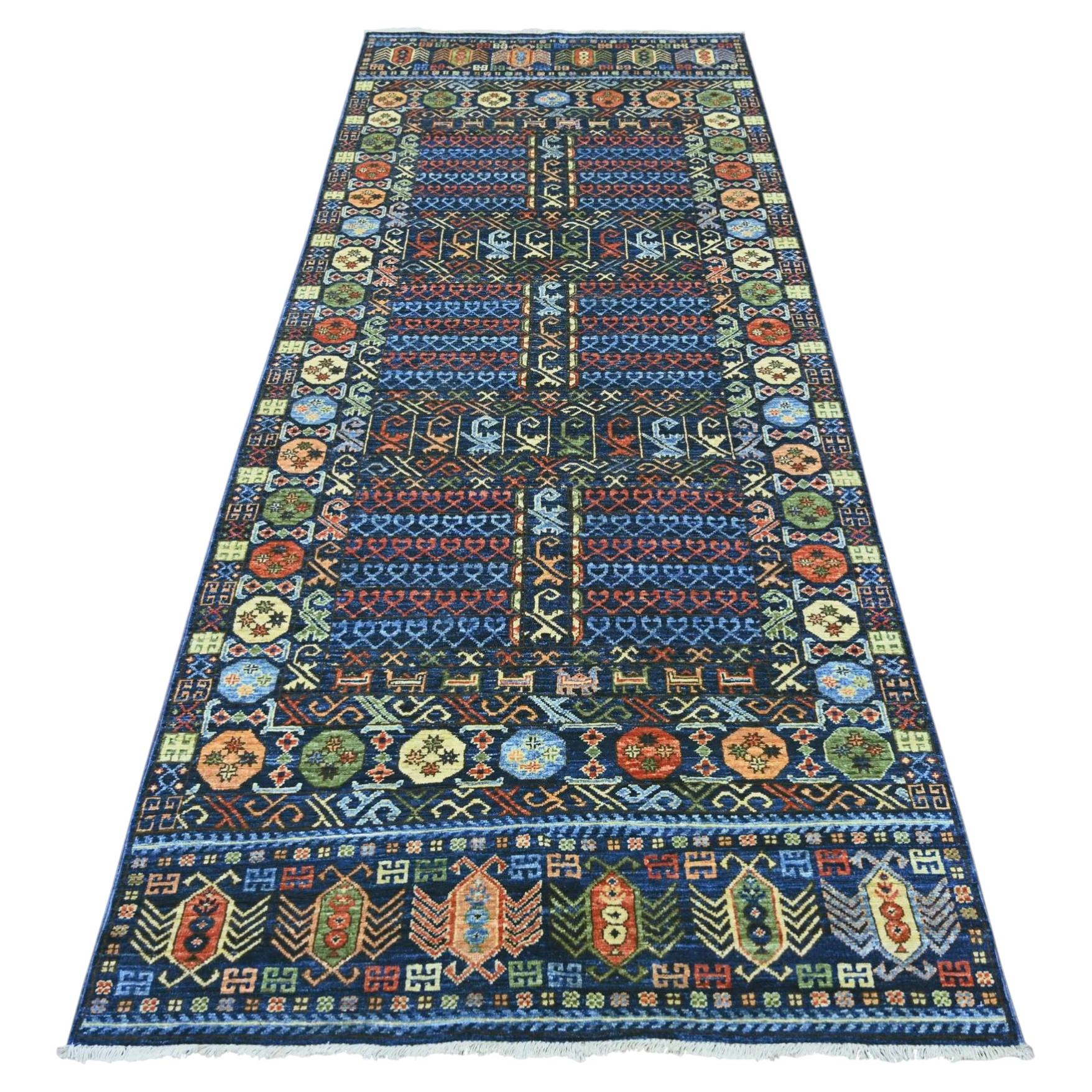 3'10"x9'7" Blue Hand Knotted Afghan Ersari with Hutchlu Design Wool Runner Rug