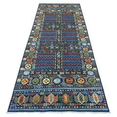 3'10"x9'7" Blue Hand Knotted Afghan Ersari with Hutchlu Design Wool Runner Rug