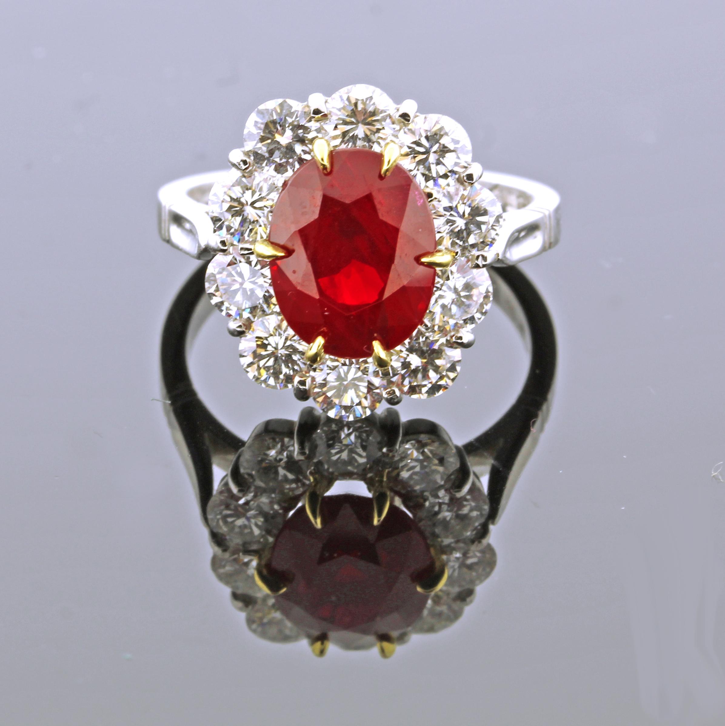 From the master ring makers of Pampillonia. an oval Burma ruby surrounded by diamonds. The ruby is a pure red color with no overtones
♦ Designer: Pampillonia
♦ Metal: Platinum, 18 karat gold
♦ Burma Ruby=3.19 A G L certified, standard heat