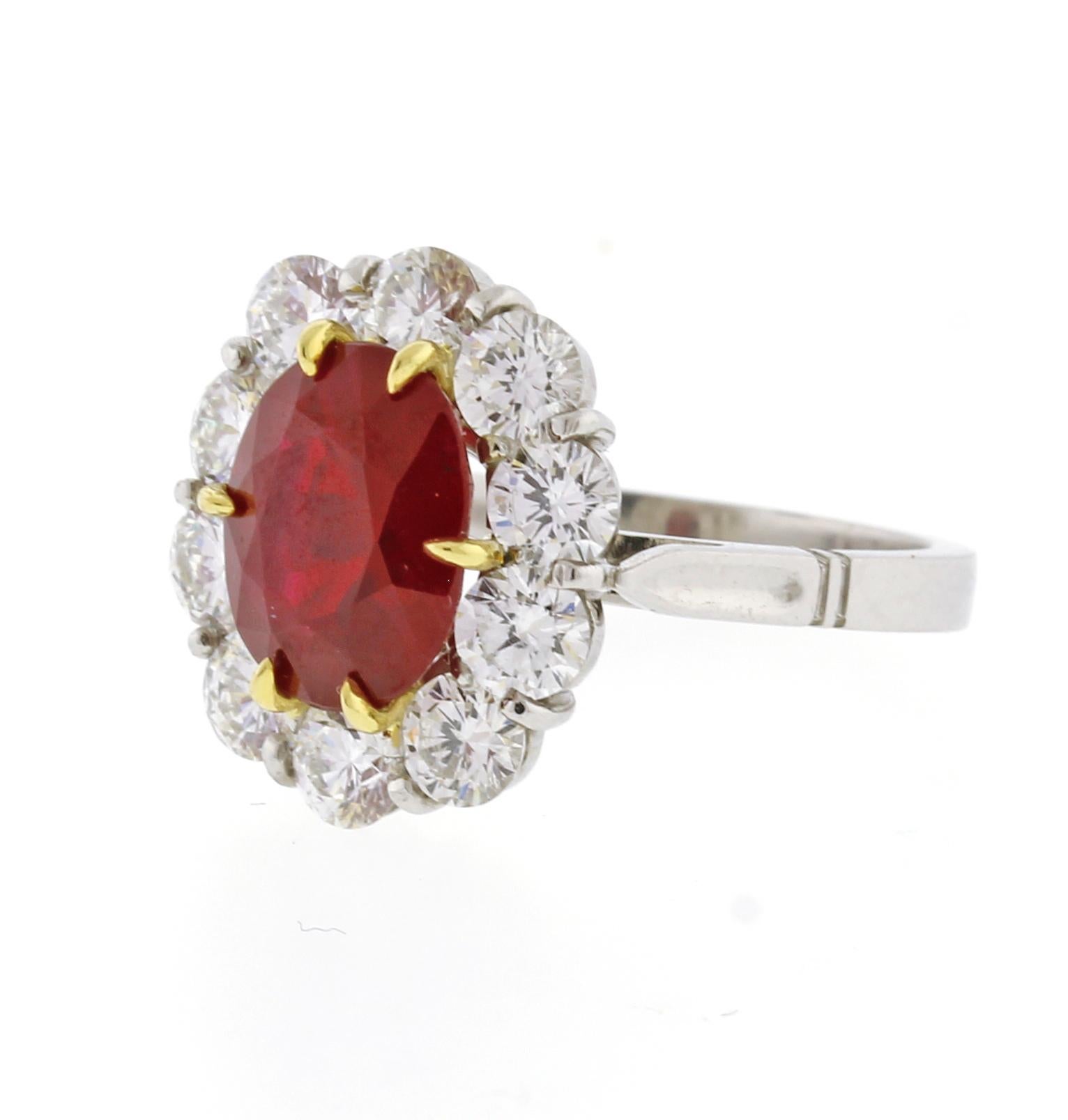 Oval Cut 3.11 Carat A.G.L Burma Ruby and Diamond Ring For Sale