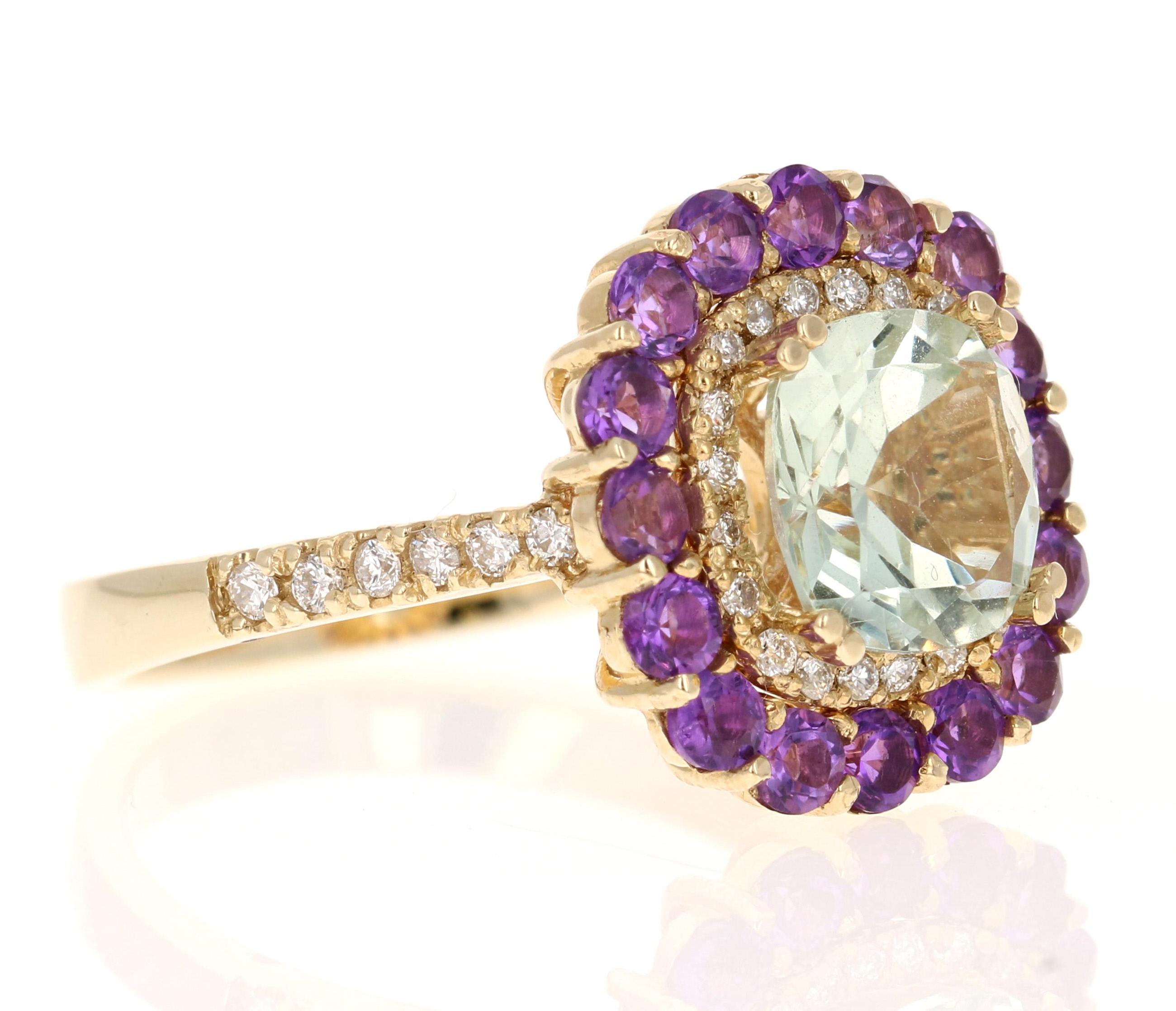 3.11 Carat Amethyst Diamond Yellow Gold Cocktail Ring

This ring features a subtle yet eye-catching Green Amethyst at the center. The Green Amethyst is accented with natural Purple Sapphires that weigh 0.98 Carats and 32 Round Cut Diamonds that
