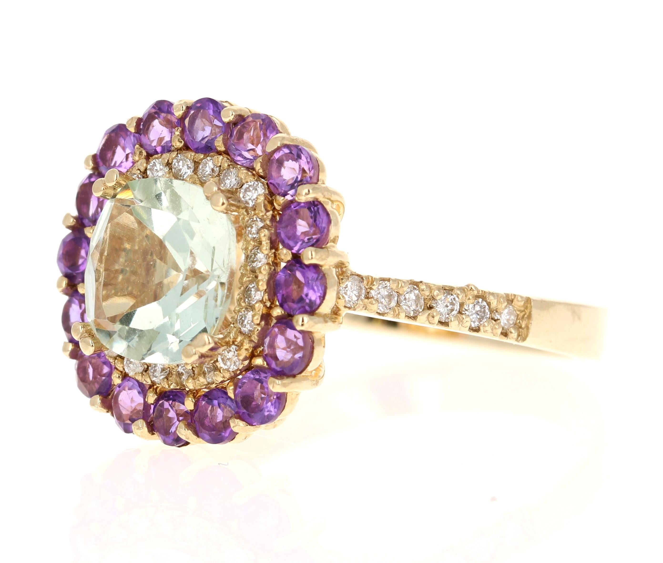 Contemporary 3.11 Carat Amethyst Diamond Yellow Gold Cocktail Ring For Sale