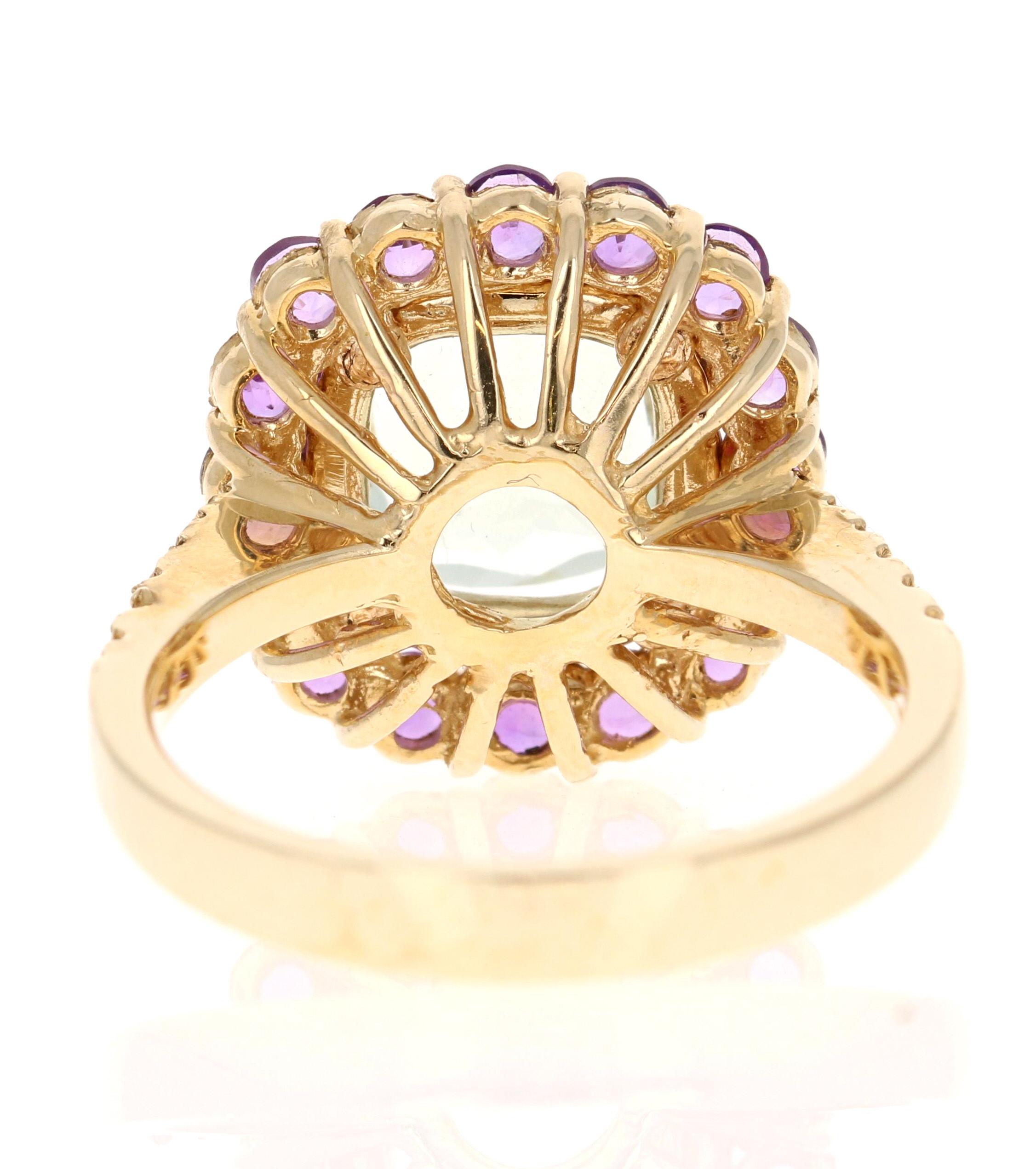 Cushion Cut 3.11 Carat Amethyst Diamond Yellow Gold Cocktail Ring For Sale