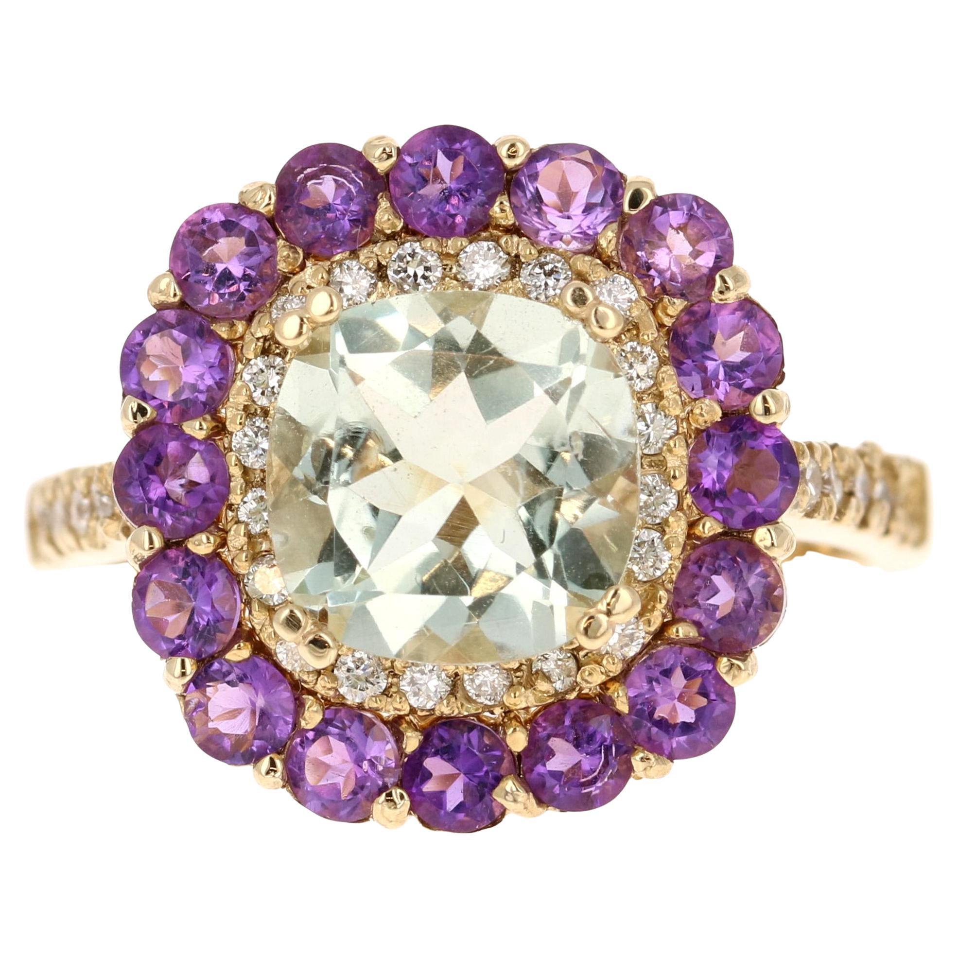 Anillo de cóctel de oro amarillo con amatista y diamante de 3.11 quilates