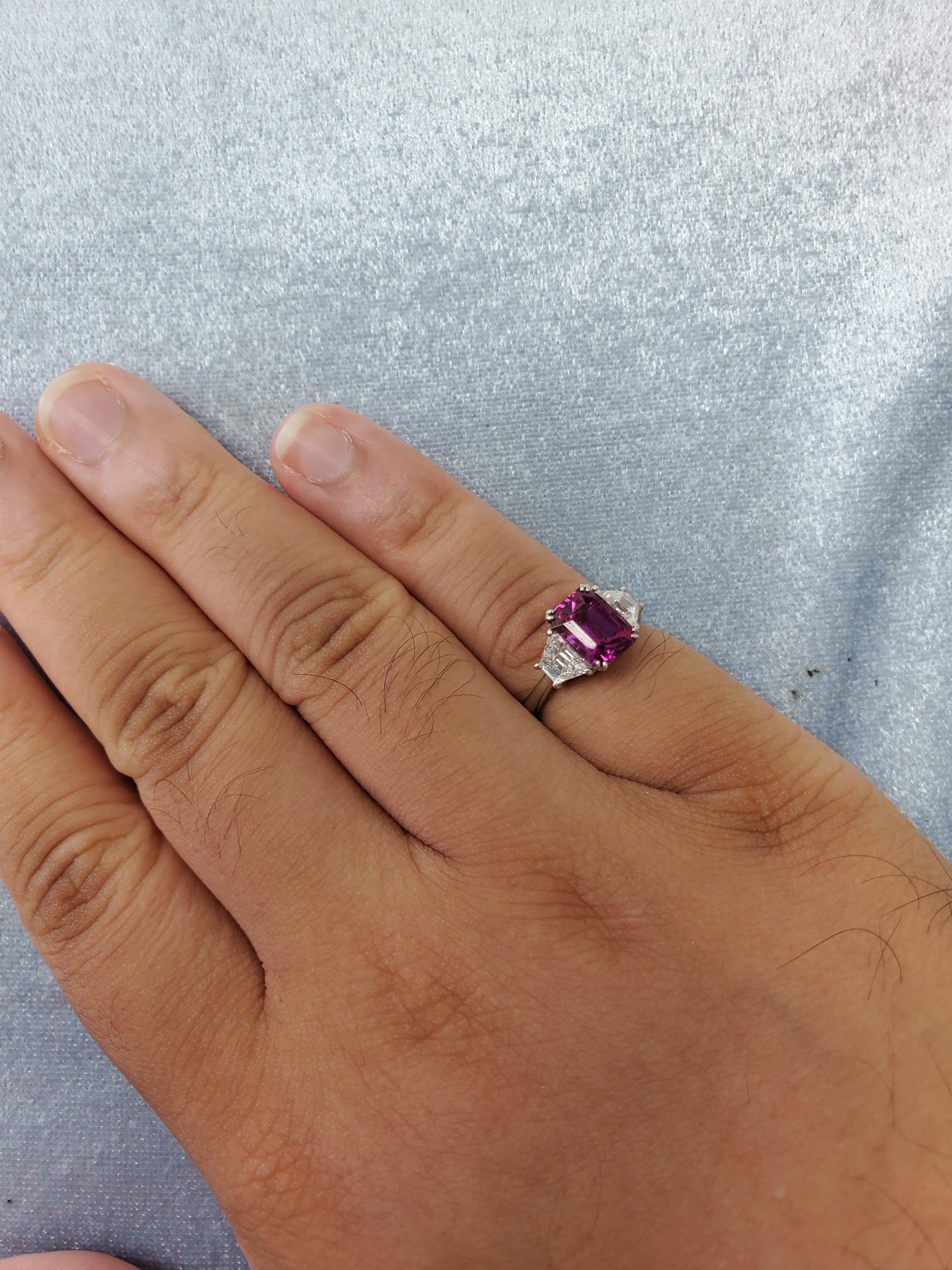 Contemporary 3.11 Carat Emerald Cut Pink Sapphire and Diamond White Gold Engagement Ring For Sale