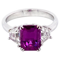 3.11 Carat Emerald Cut Pink Sapphire and Diamond White Gold Engagement Ring