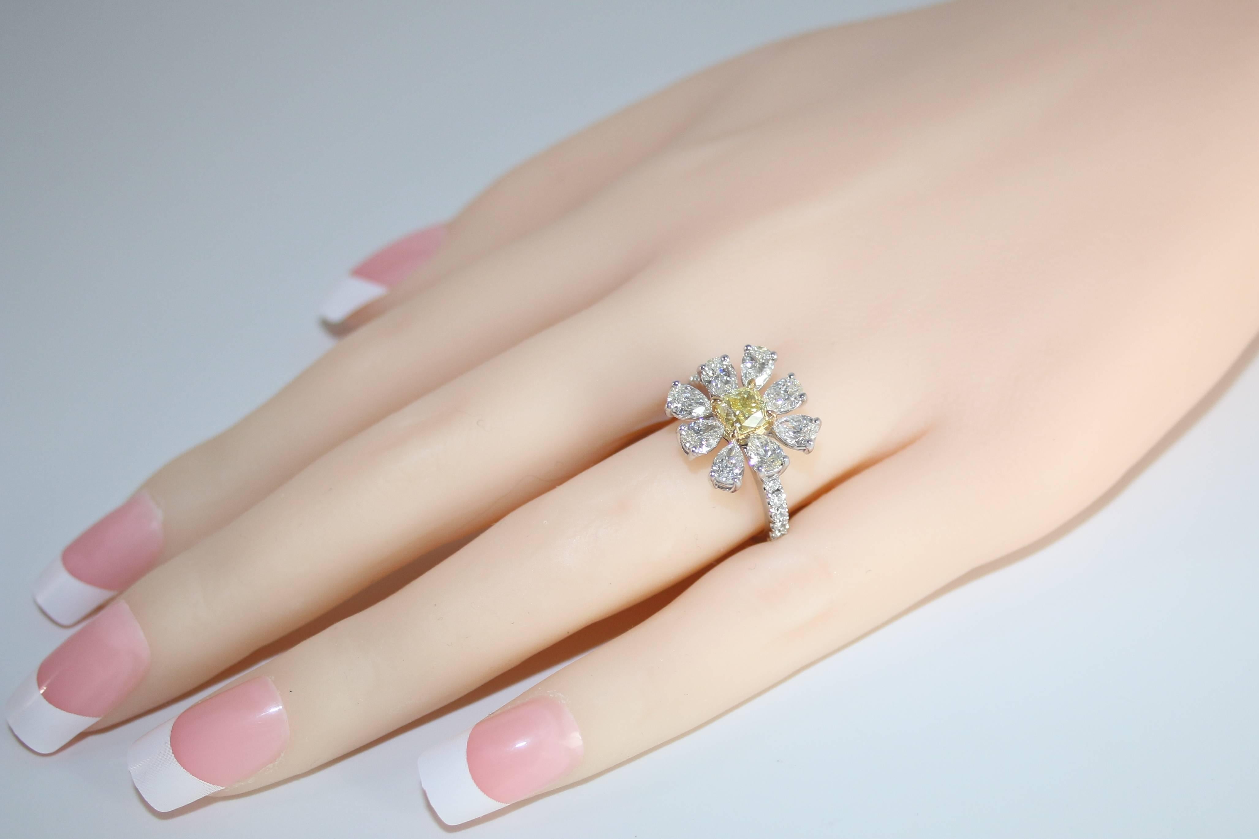 Pear Cut 3.11 Carat Fancy Intense Yellow and White Diamonds Platinum Daisy Flower Ring For Sale