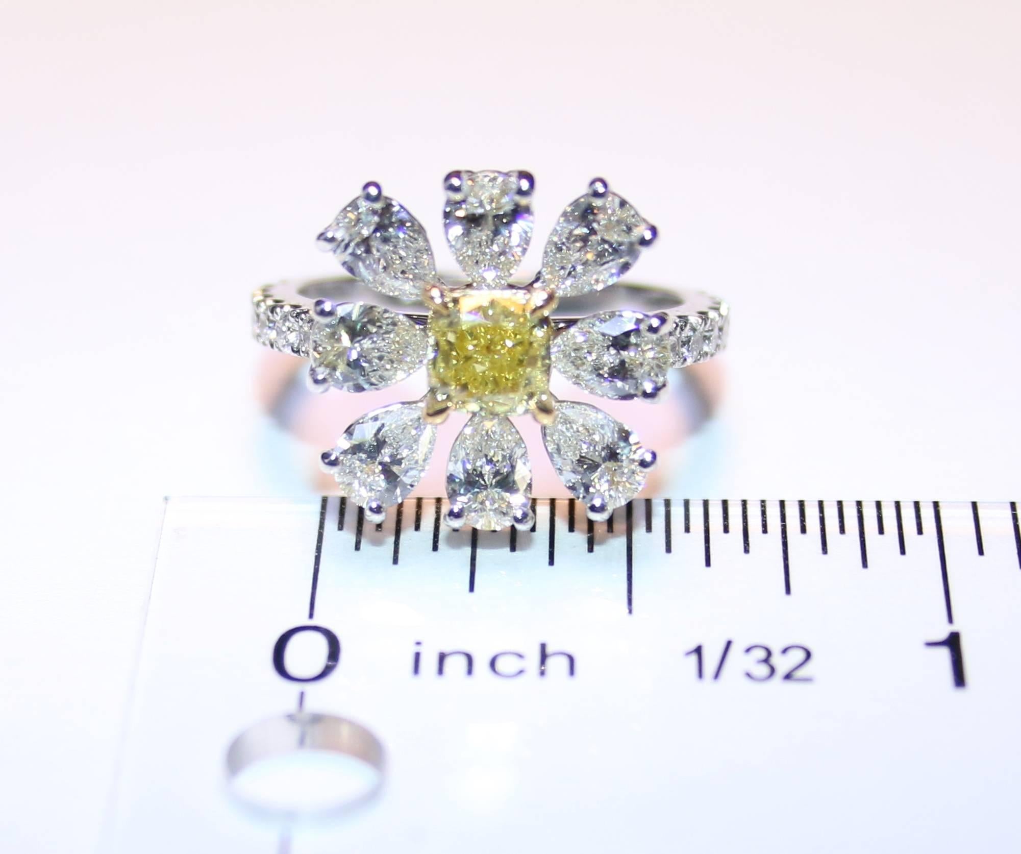 3.11 Carat Fancy Intense Yellow and White Diamonds Platinum Daisy Flower Ring For Sale 1