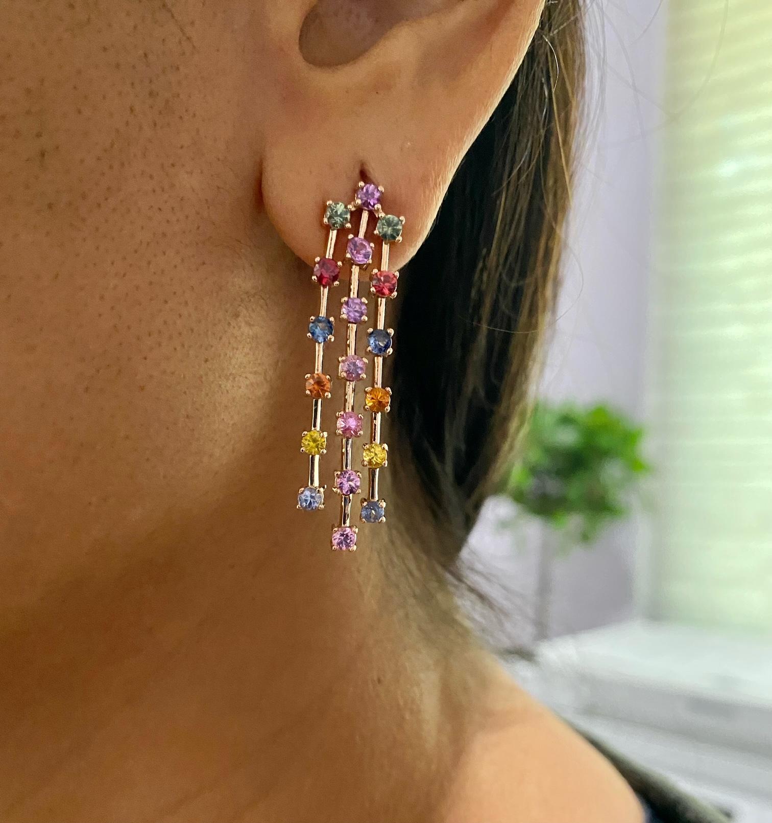 Round Cut 3.11 Carat Multi Color Sapphire Rose Gold Dangle Earrings For Sale