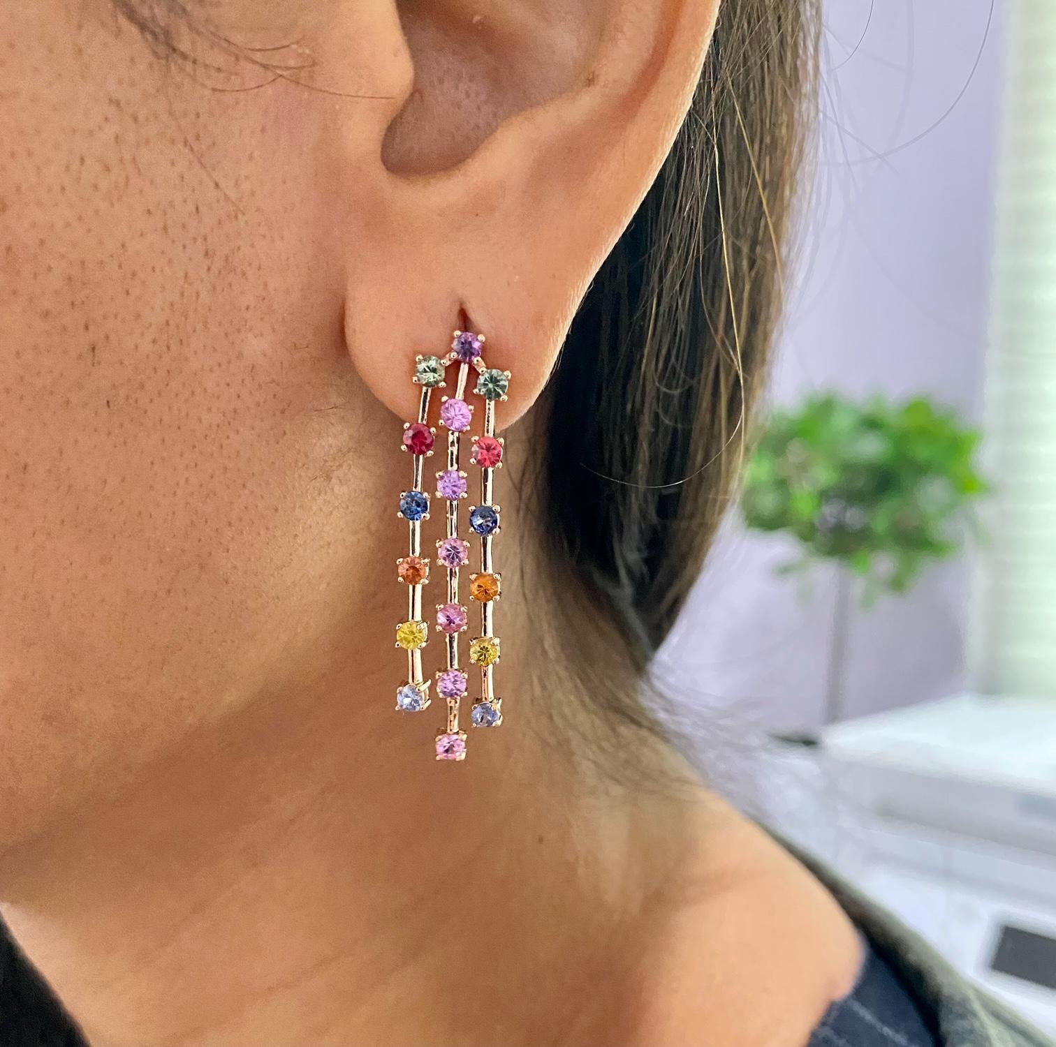 3.11 Carat Multi Color Sapphire Rose Gold Dangle Earrings In New Condition For Sale In Los Angeles, CA