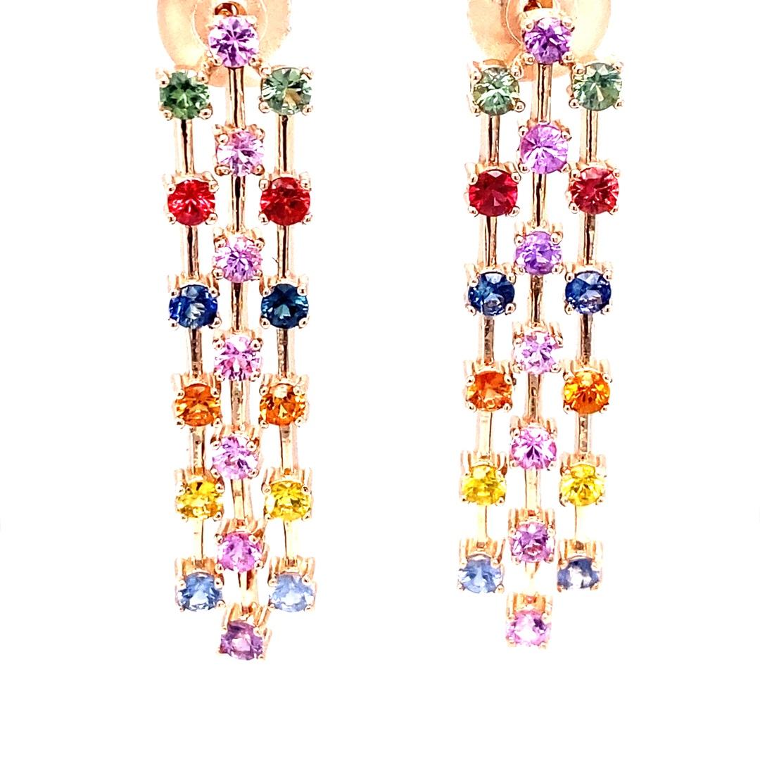 Women's 3.11 Carat Multi Color Sapphire Rose Gold Dangle Earrings For Sale