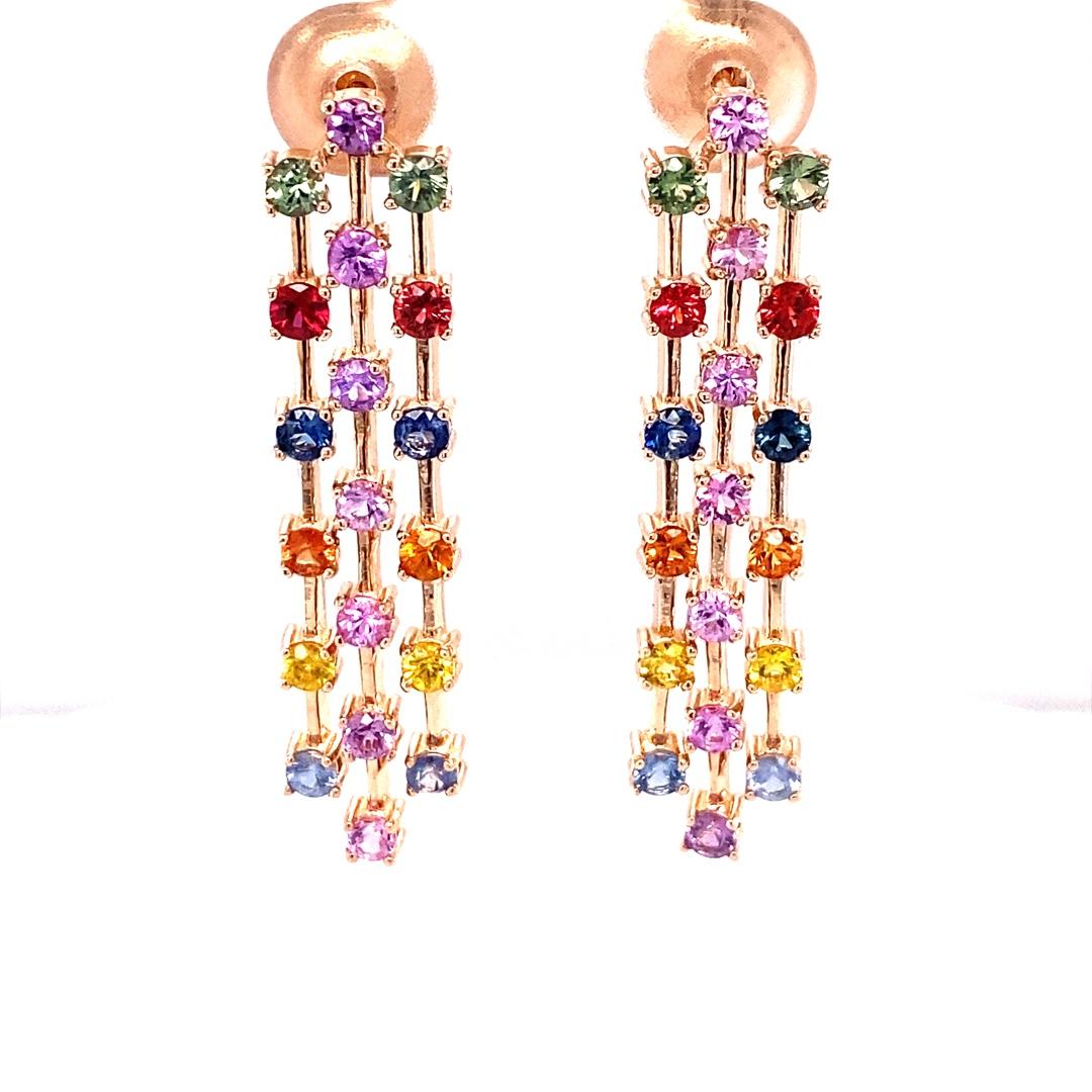 3.11 Carat Multi Color Sapphire Rose Gold Dangle Earrings For Sale 1