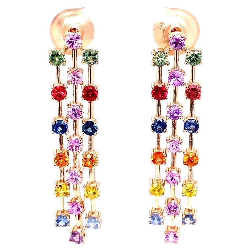 3.11 Carat Multi Color Sapphire Rose Gold Dangle Earrings For Sale