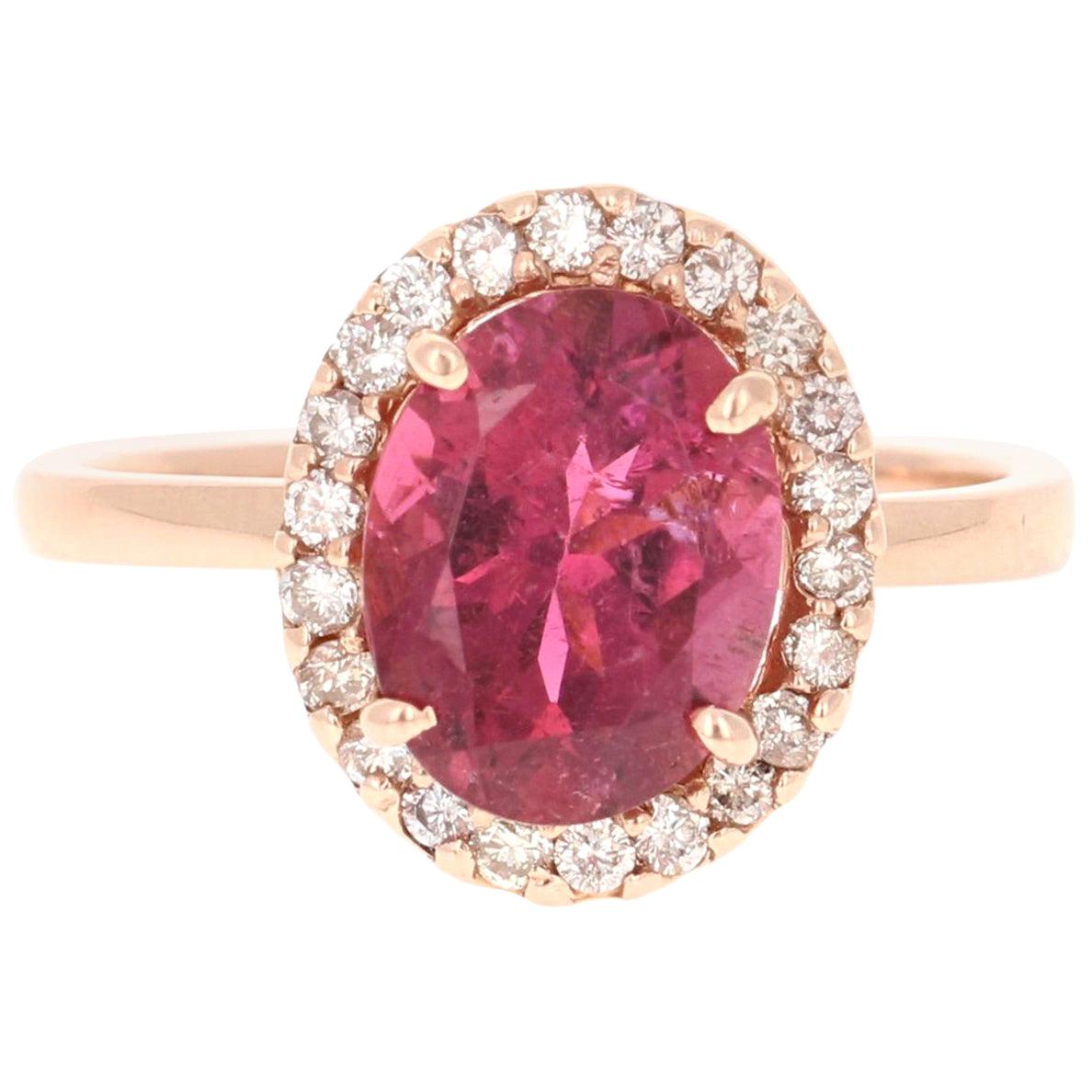 Bague de fiançailles en or rose 14 carats avec tourmaline rose de 3,11 carats et diamants