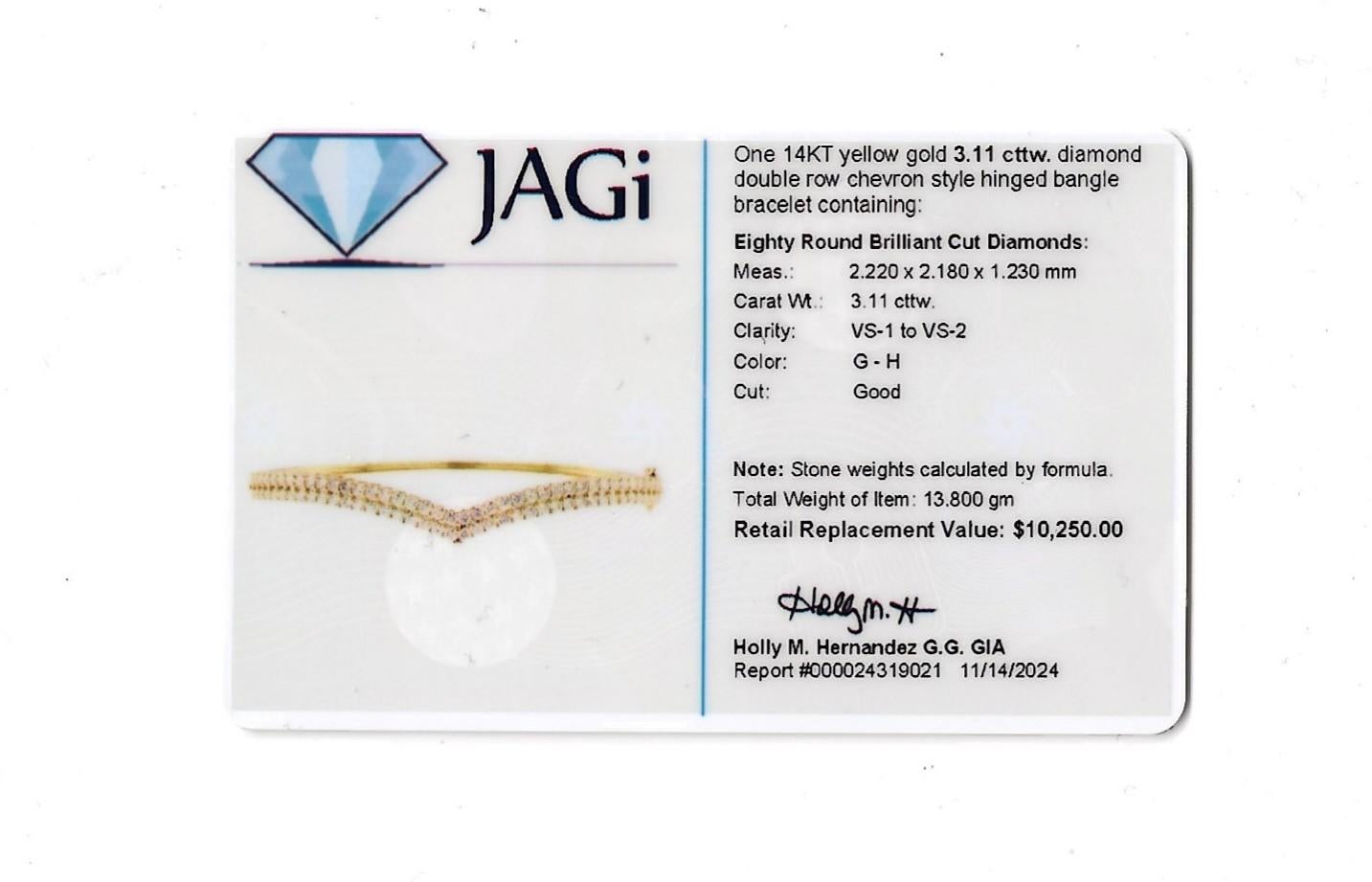 3.11 Carat Total Double Row Diamond Chevron Bangle Bracelet in 14 Karat Gold For Sale 6