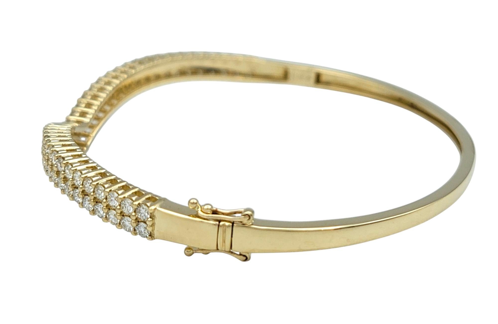 Round Cut 3.11 Carat Total Double Row Diamond Chevron Bangle Bracelet in 14 Karat Gold For Sale