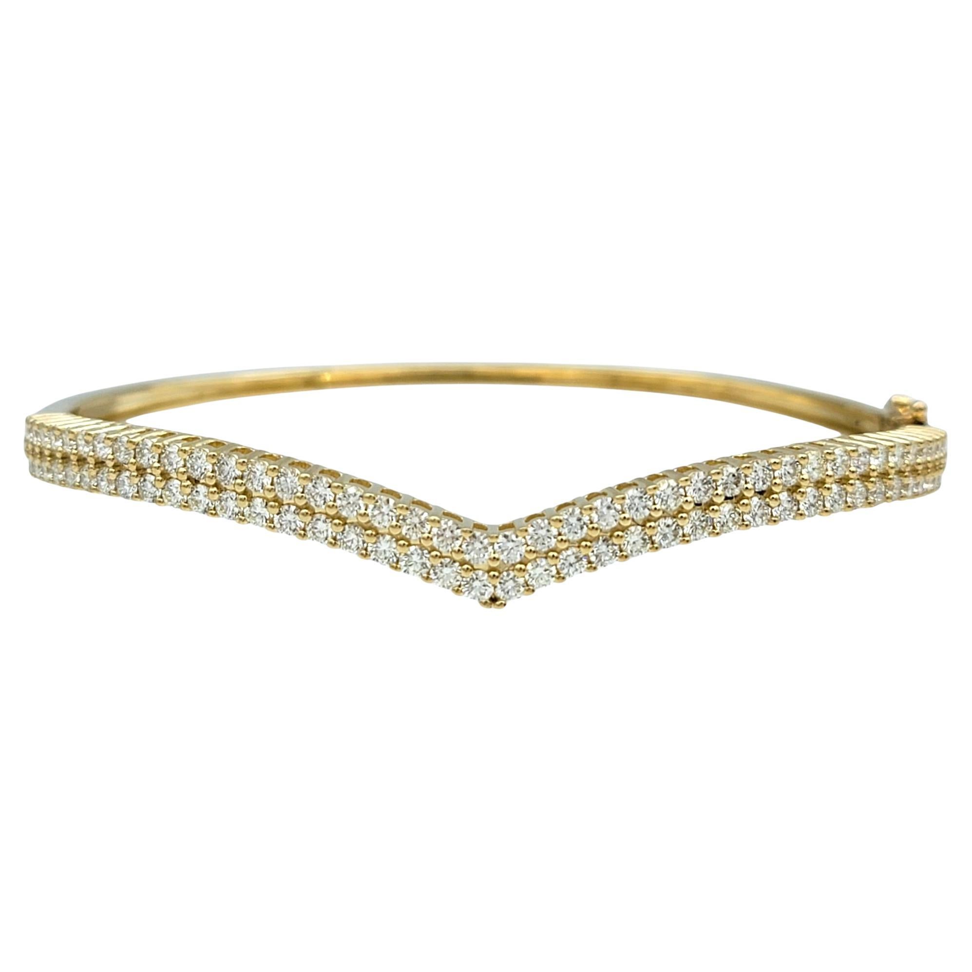 3.11 Carat Total Double Row Diamond Chevron Bangle Bracelet in 14 Karat Gold For Sale