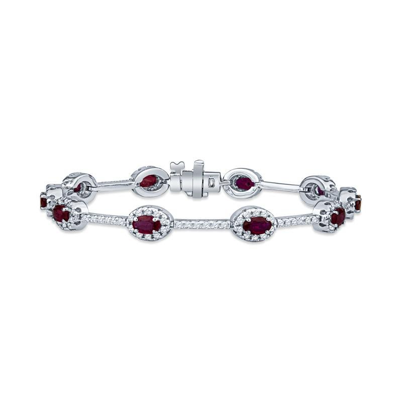 3.11 Carat Total Weight Oval Cut Ruby & 1.29ctw Diamond 14k White Gold Bracelet In New Condition For Sale In Houston, TX