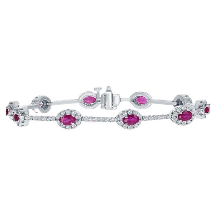 3.11 Carat Total Weight Oval Cut Ruby & 1.29ctw Diamond 14k White Gold Bracelet For Sale