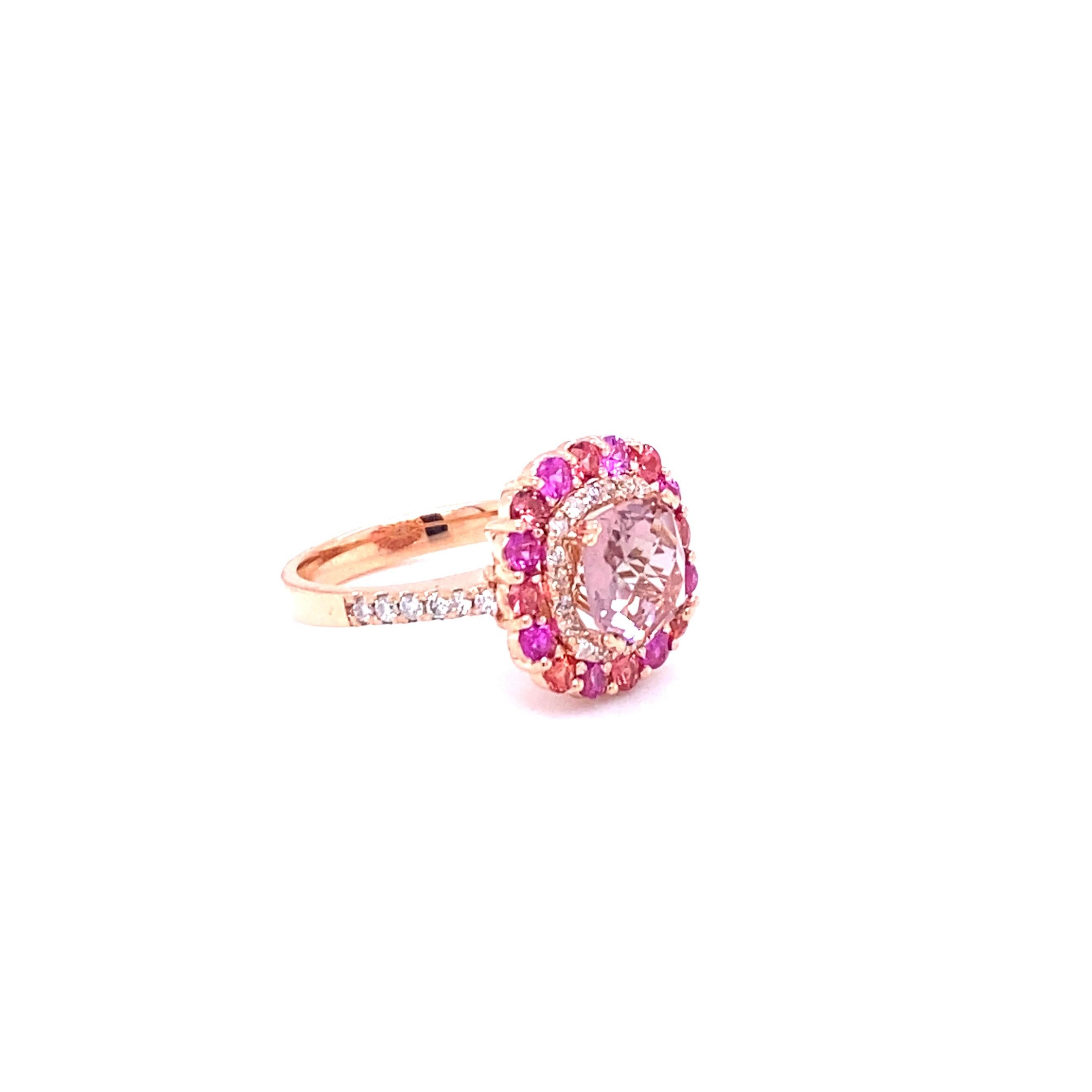 Round Cut Pink Tourmaline Sapphire Diamond Rose Gold Statement Ring For Sale