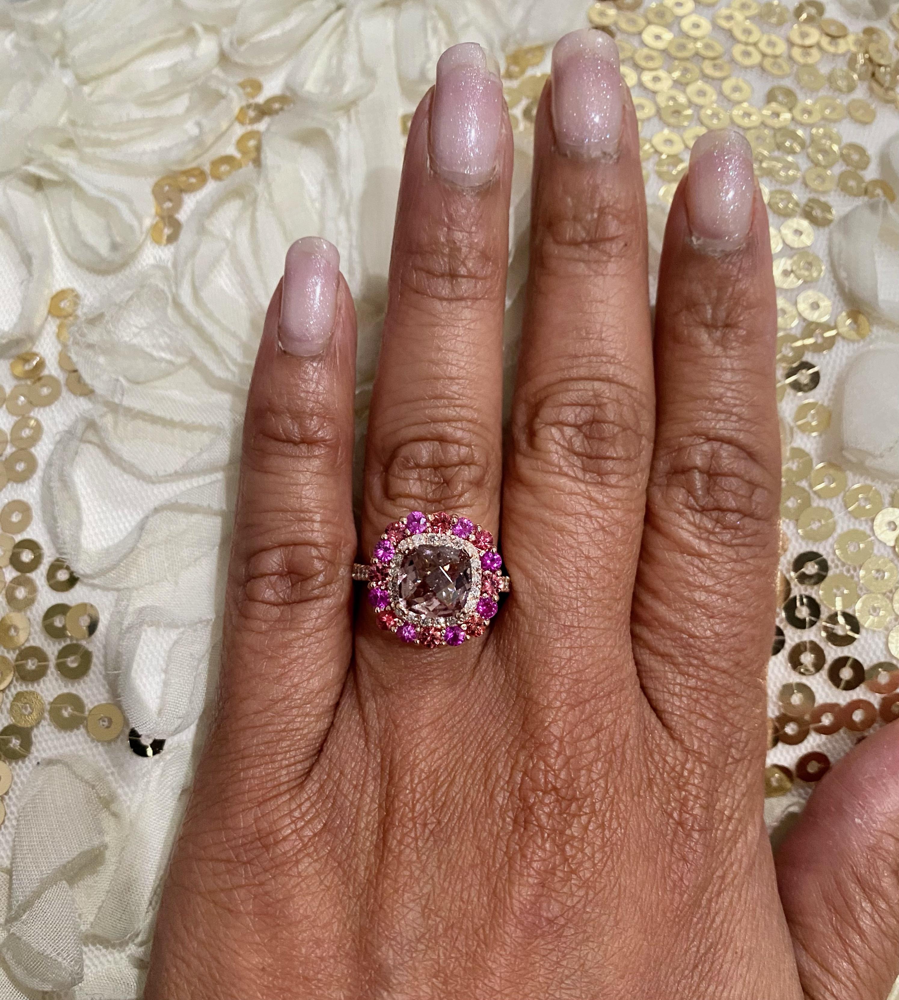Bague d'affirmation en or rose avec tourmaline rose, saphir et diamant Neuf - En vente à Los Angeles, CA