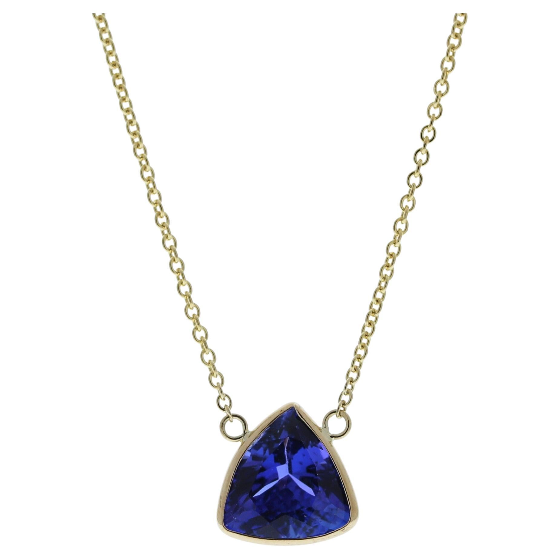 3.11 Carat Trilliant Tanzanite Blue Fashion Necklaces In 14k Yellow Gold