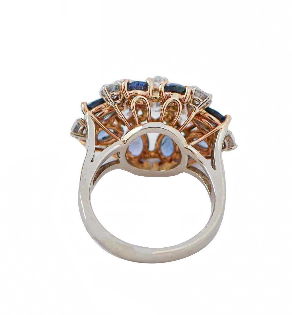 Retro 3.11 Carats Navette Diamonds, Diamonds, Sapphires, 14 Kt White Gold Ring For Sale