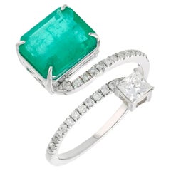 3.11 Ct Emerald Cut Emerald & 0.49 Ct Diamond Bypass Ring in 18 Kt Gold Size 6