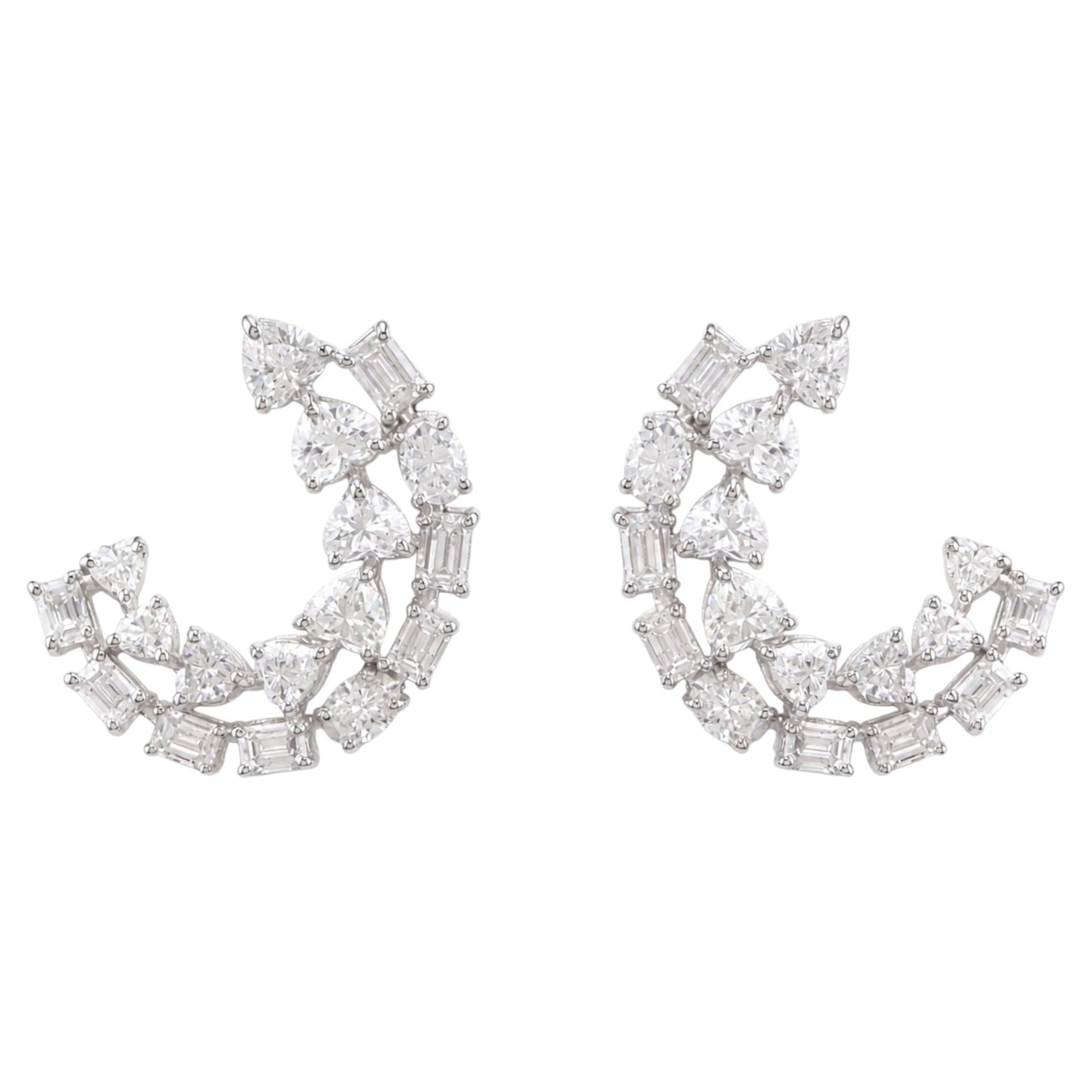 3 Carat Multi Cut Diamond Crescent Stud Earring, 18k White Gold Wedding Earring