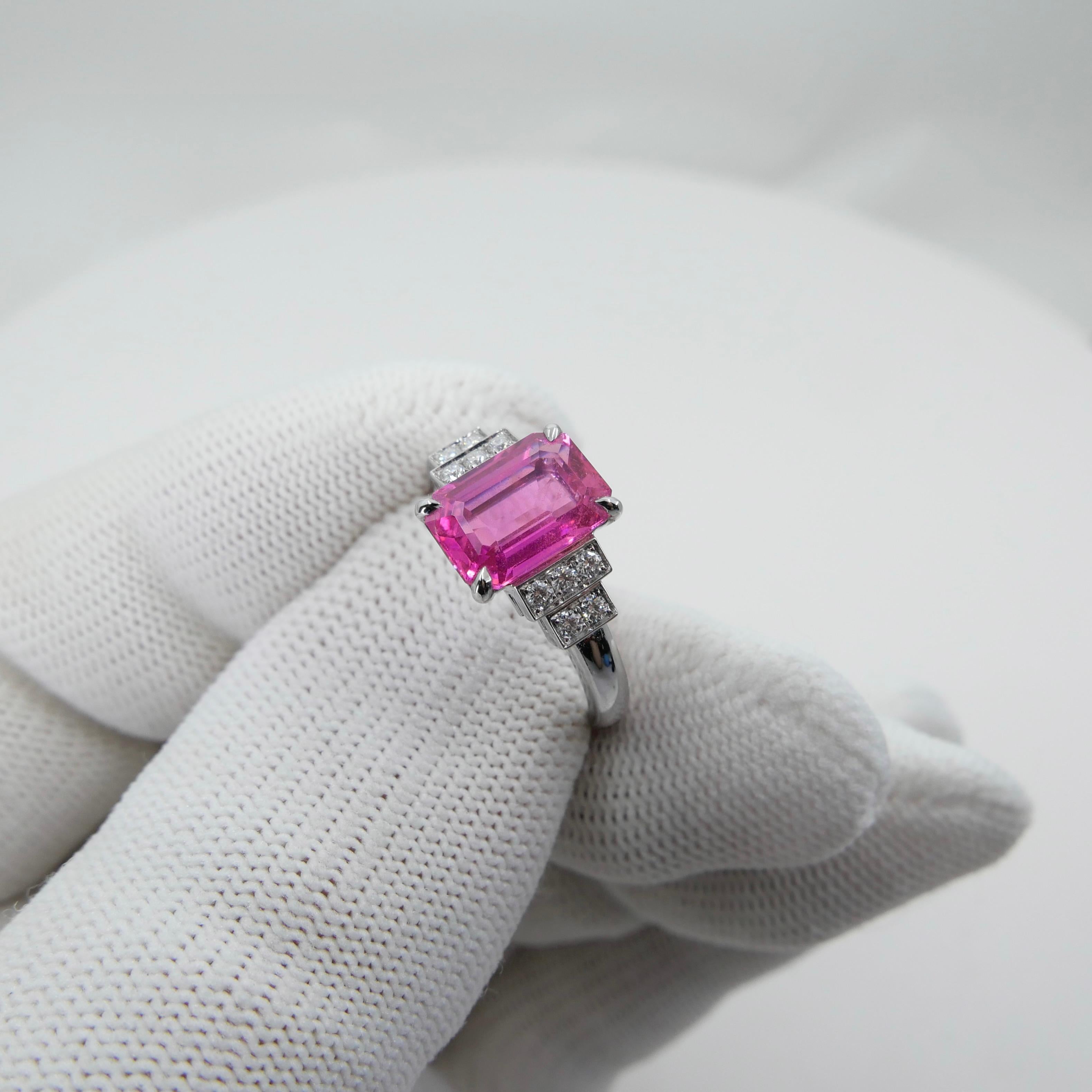 GRS Certified 3.11 Cts No Heat Pink Sapphire & Diamond Ring. Art Deco Style 9