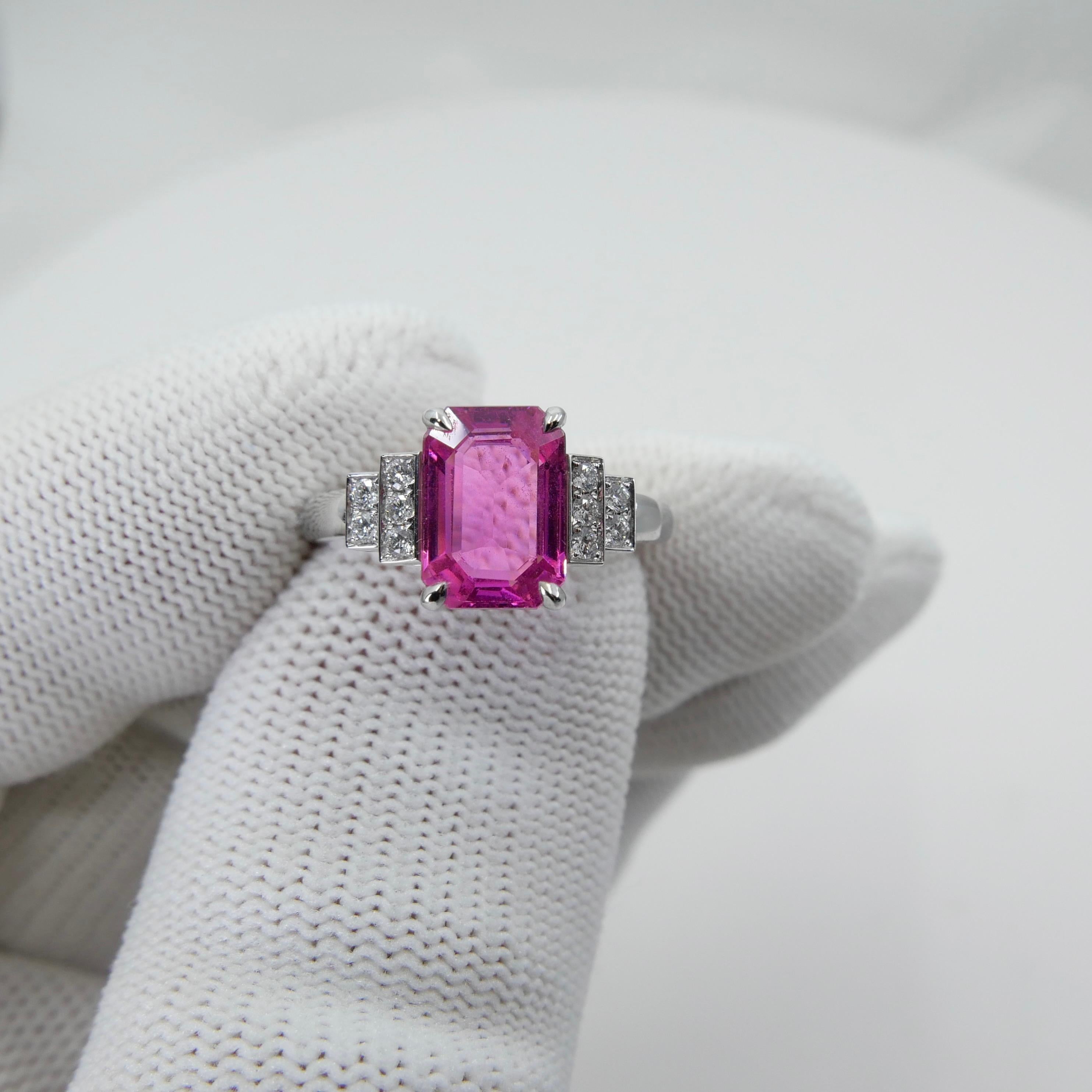 Please check out the HD video. The color of this sapphire is stunning! In words, we would describe the color of this sapphire neon vivid pink. It GLOWS! This 3.11 cts natural pink sapphire is certified by world recognized lab GRS to be from