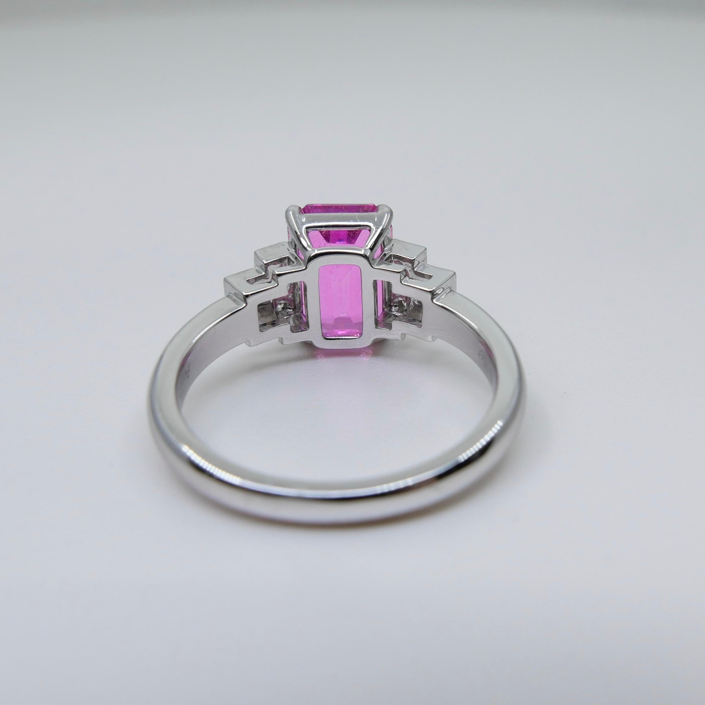 Emerald Cut GRS Certified 3.11 Cts No Heat Pink Sapphire & Diamond Ring. Art Deco Style