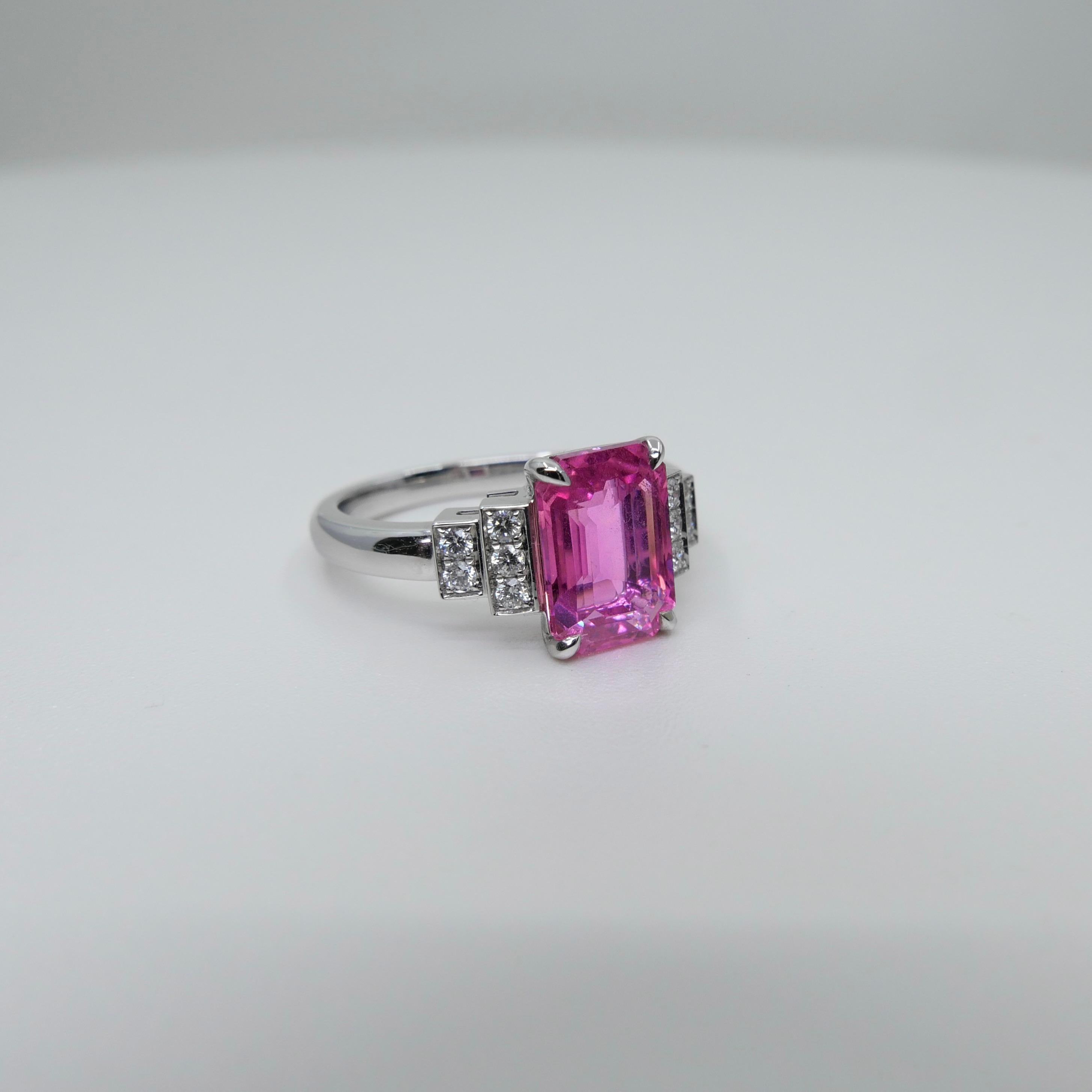 GRS Certified 3.11 Cts No Heat Pink Sapphire & Diamond Ring. Art Deco Style In New Condition In Hong Kong, HK
