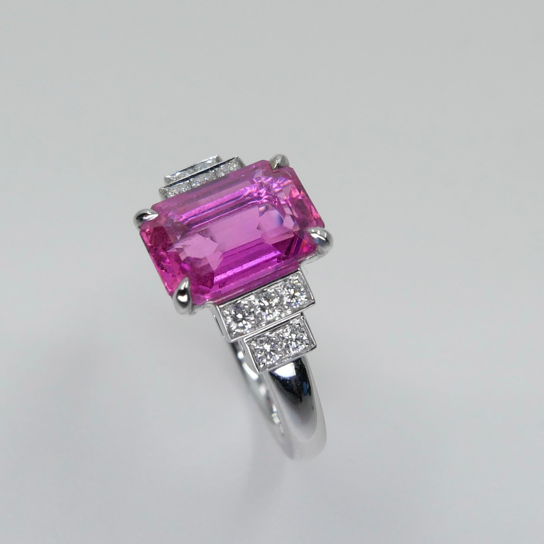 Women's GRS Certified 3.11 Cts No Heat Pink Sapphire & Diamond Ring. Art Deco Style