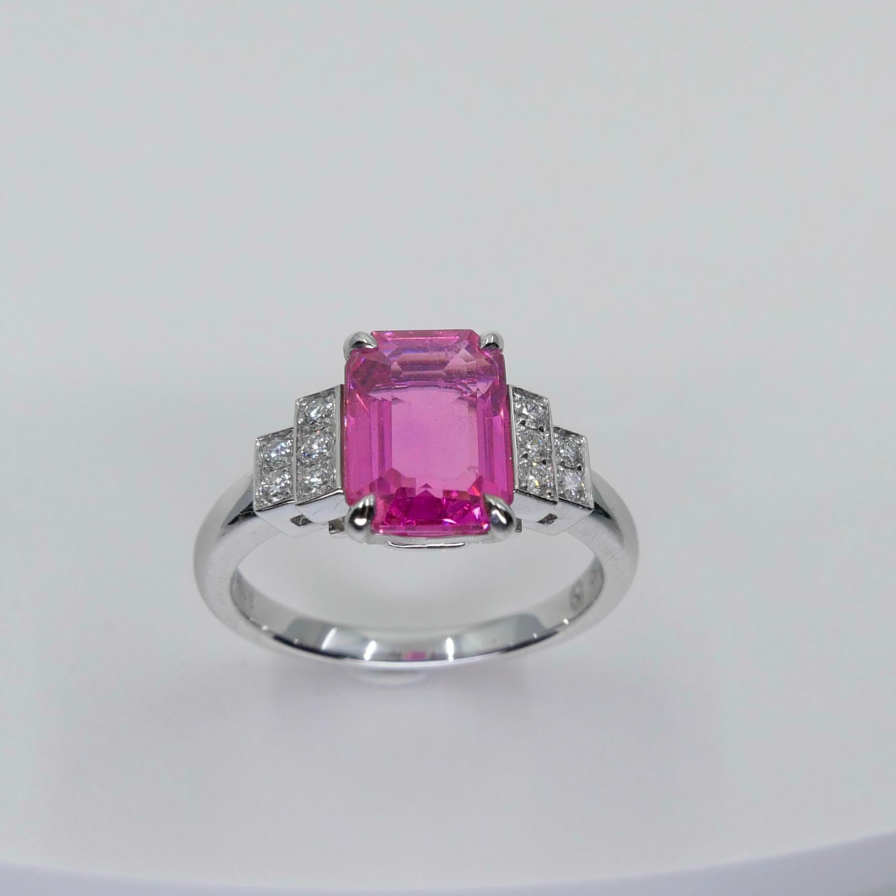 GRS Certified 3.11 Cts No Heat Pink Sapphire & Diamond Ring. Art Deco Style 2