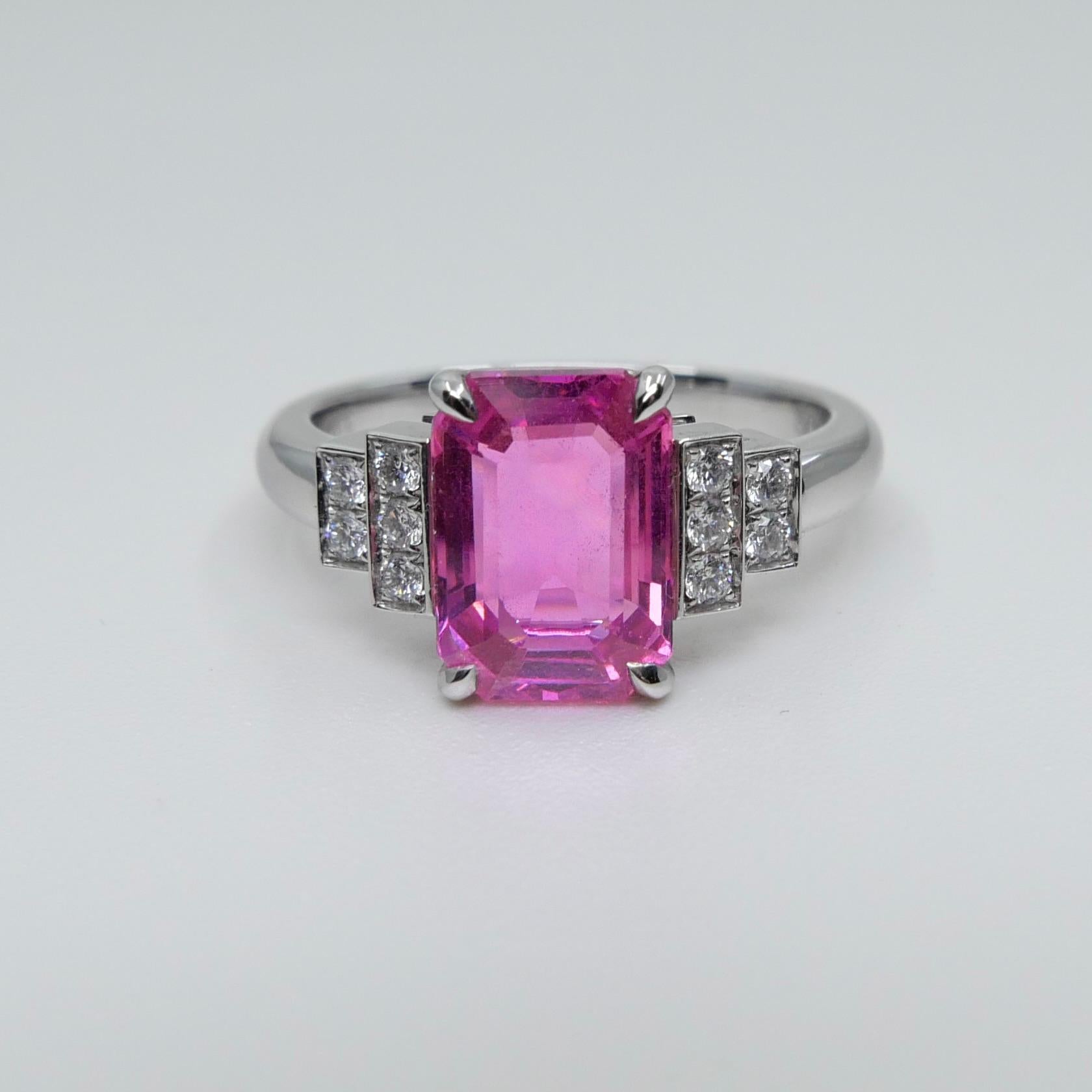 GRS Certified 3.11 Cts No Heat Pink Sapphire & Diamond Ring. Art Deco Style 3