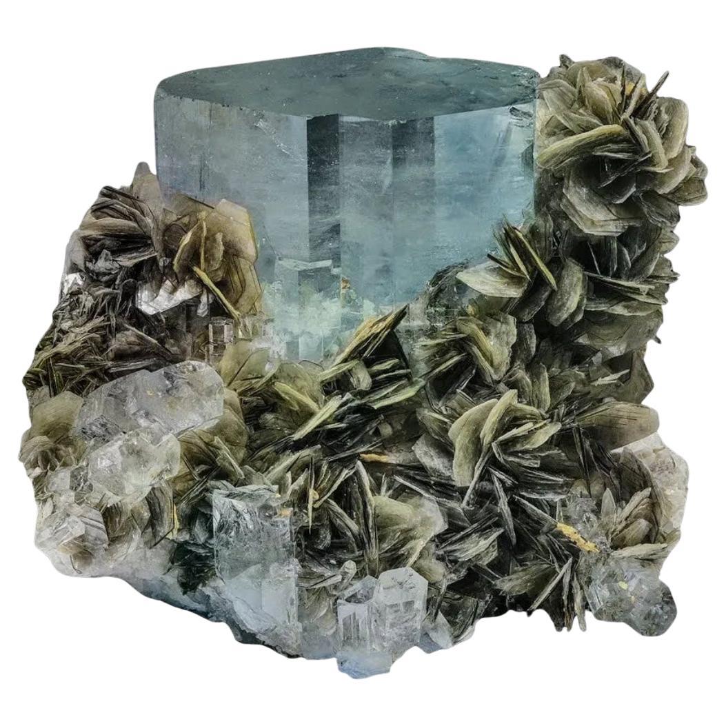 311 Gramm Blauer Aquamarinkristall auf Muscovite Matrix aus Pakistan positioniert im Angebot