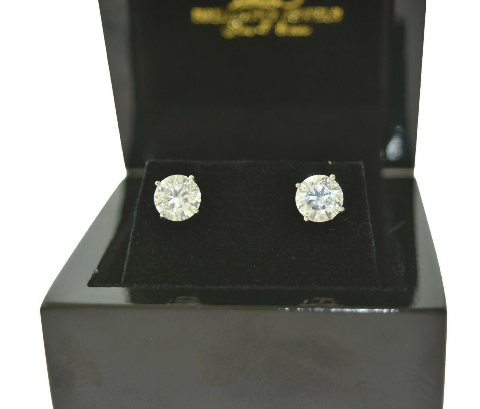 Women's or Men's 3.11 Total Carat Weight Brilliant Cut Diamond Stud Earrings in White Gold
