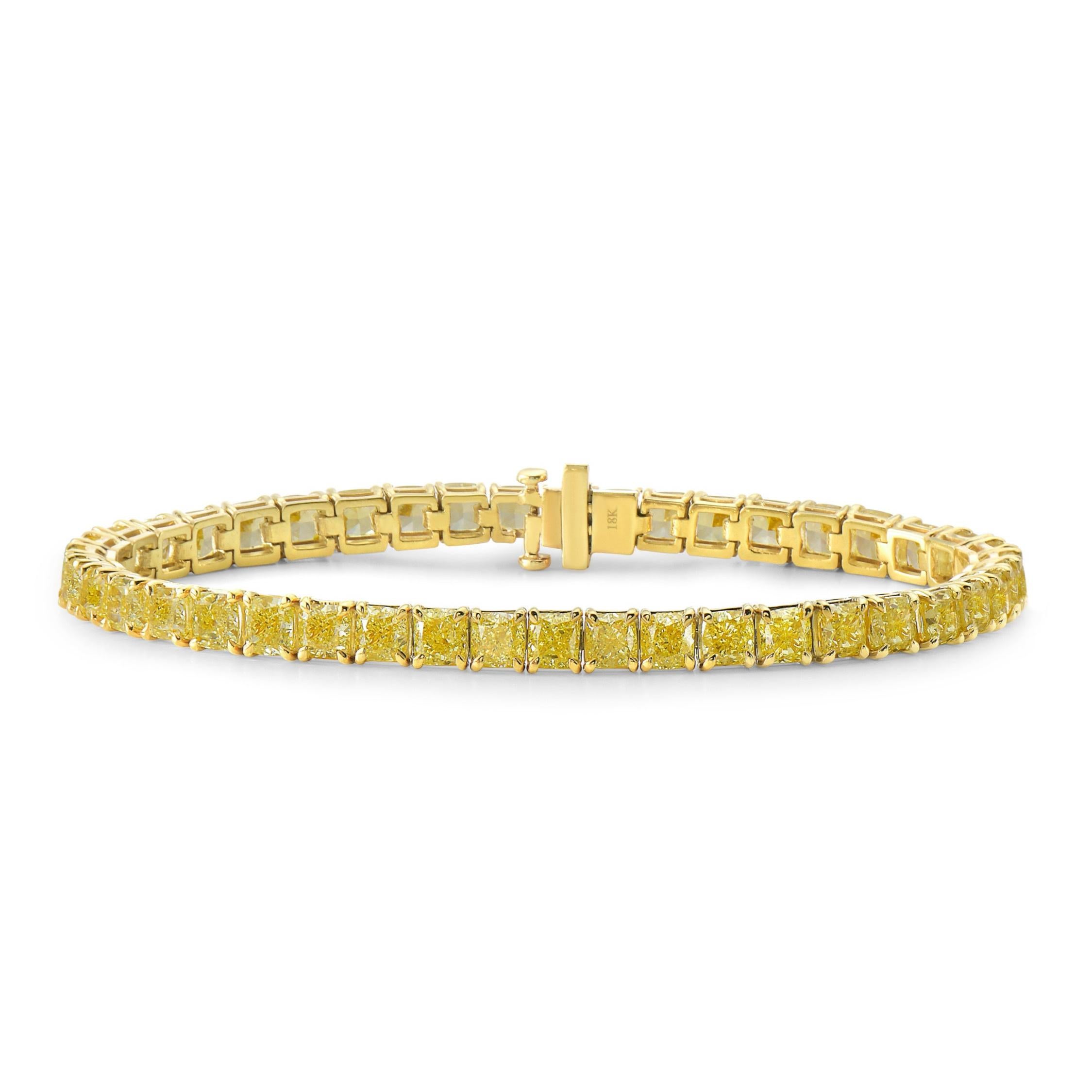Bracelet tennis fantaisie en diamants jaunes taille coussin de 1 carat certifiés GIA en vente