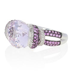 31.15 Carat Oval Kunzite, Pink Sapphire, and Diamond Ring, 14 Karat White Gold