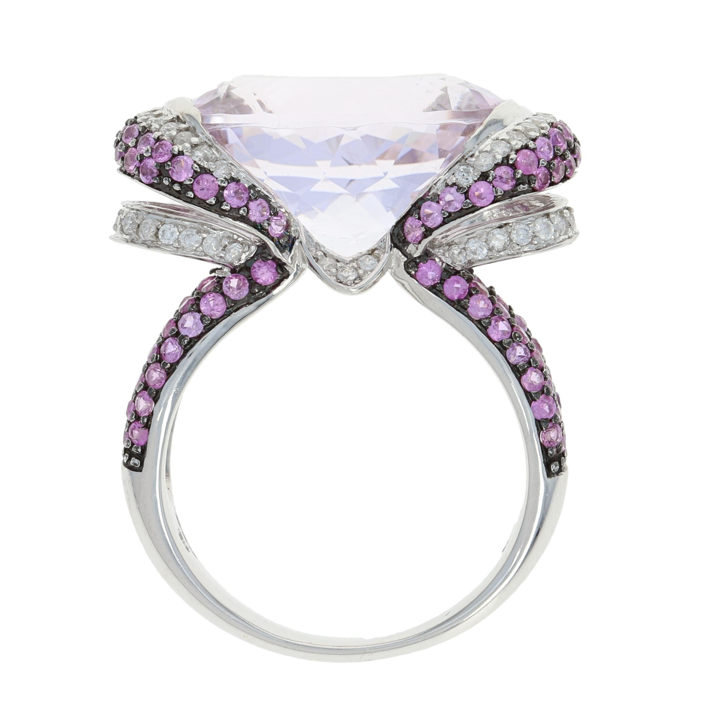 Women's or Men's 31.15 Carat Oval Kunzite, Pink Sapphire, and Diamond Ring, 14 Karat White Gold