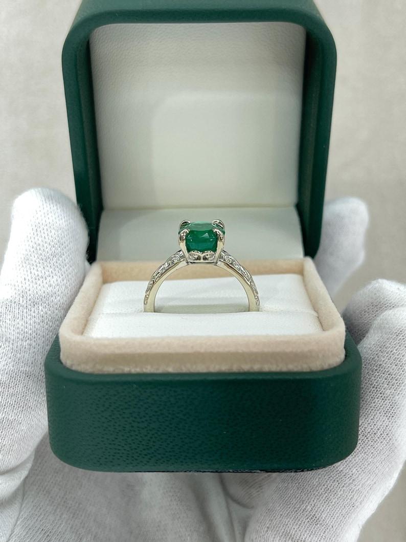 3.11ct 14K Dark Green Oval Emerald Solitaire Ring - Vintage Floral White Gold For Sale 4