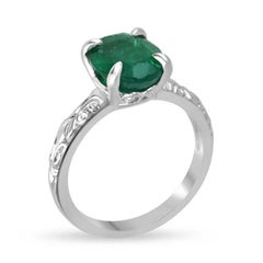 3.11ct 14K Dark Green Oval Emerald Solitaire Ring - Vintage Floral White Gold