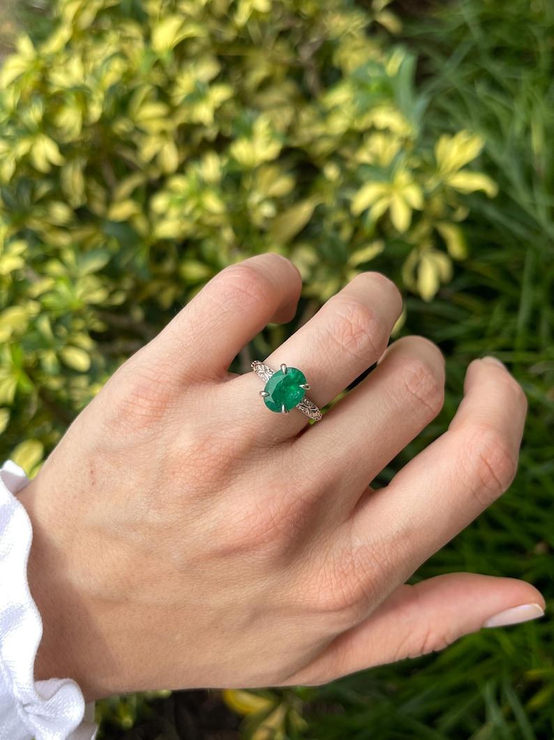 Modern 3.11ct 14K Dark Green Oval Emerald Solitaire Ring - Vintage Floral White Gold For Sale